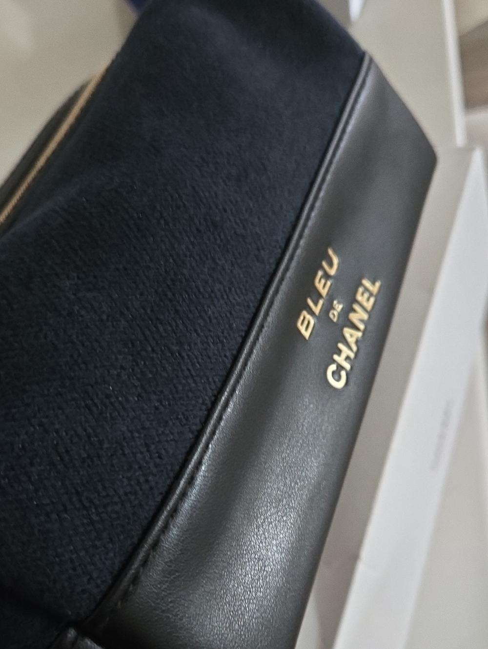 New In Box CHANEL Pouch Bag Bleu de Chanel Gold Logo Cosmetic Case W/ Charm